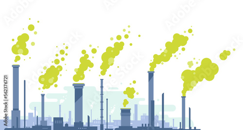 Industrial pipes with green toxic smoke in flat style isolated, silhouette of industrial zone with factories and pipes with harmful emissions of contaminated air, environmental pollution