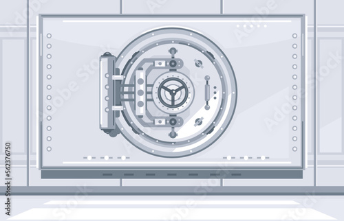 Closed bank vault door in front view in bank repository, simplify flat style isolated, reliable repository for saving assets