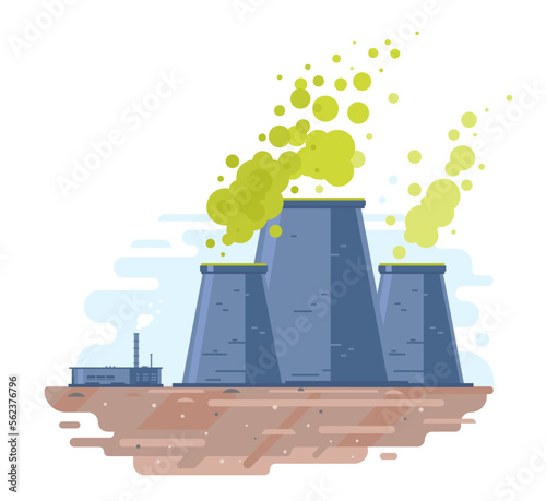 Thermal power station with big cooling towers emit harmful industrial emissions into the air, environmental pollution concept illustration in flat style isolated