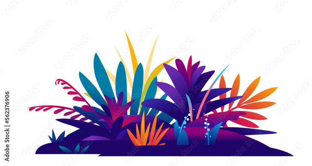 Obraz premium Different exotic violet plants on ground with grass and flowers isolated, decoration of tropical plants assorted together, great bush of fantastic plants