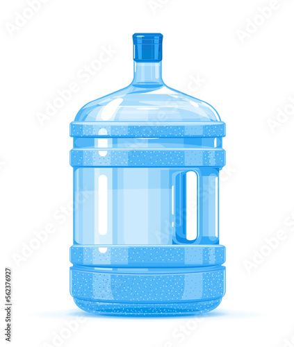 Five gallon big plastic water bottle container with handle quality illustration standing on white background, water delivery service of fresh purified water