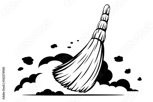 One broom sweep floor black and white illustration, household implement from dust and dirt