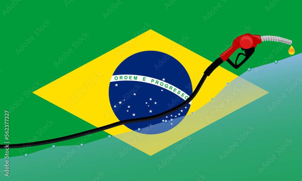 Fototapeta premium Rise in gasoline prices concept in Brazil. Gasoline fuel pump nozzle with drop oil on Brazil flag background. Growth bar chart prices. vector illustration