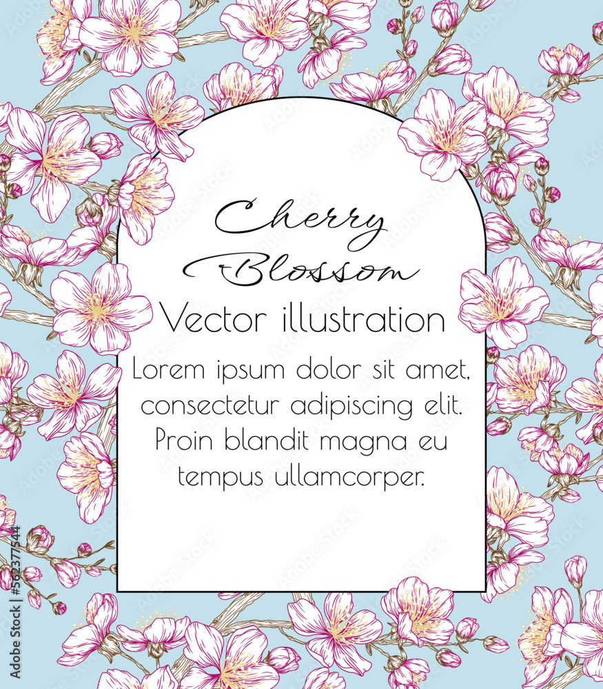 Vector illustration banner template with cherry blossom branches in engraving style