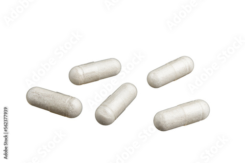White medical capsules or pills for treatment isolated on transparent background  medicine and healthcare concept  close-up view