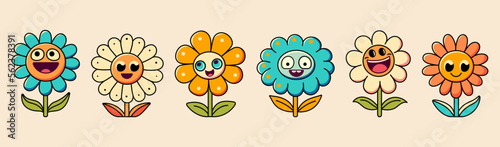 Retro flower groovy sticker ,vector cute cartoon character with smiley face, funny hippy daisy flower