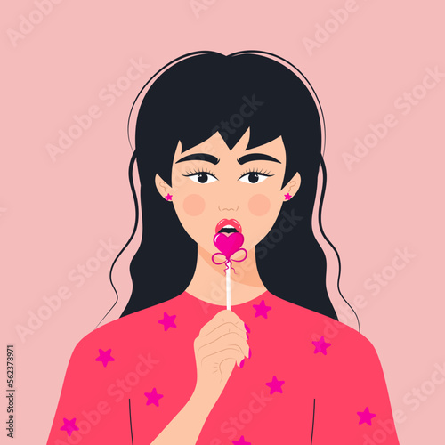 Portrait of a young beautiful woman with heart lollipop. Avatar of girl sucking lollipop for social networks.