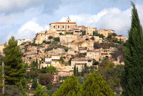 Distance view of hilltop village of Gordes, Luberon area of Provence, France.