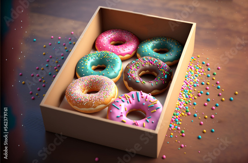 Donuts in a box. Colorful glazed doughnuts in an open carton box, sprinkles decoration. AI generative