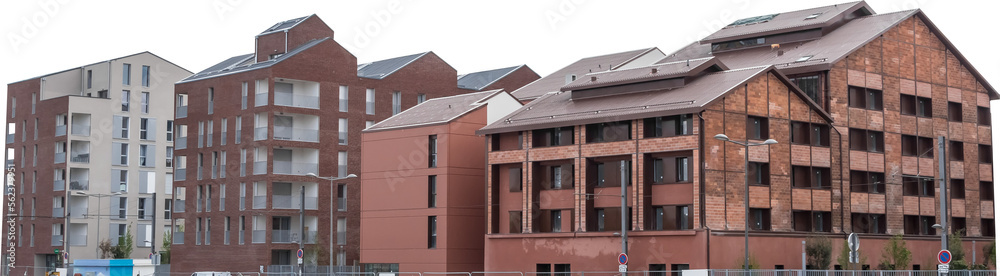 Isolated PNG cutout of modern residential buildings on a transparent background, ideal for photobashing, matte-painting, concept art