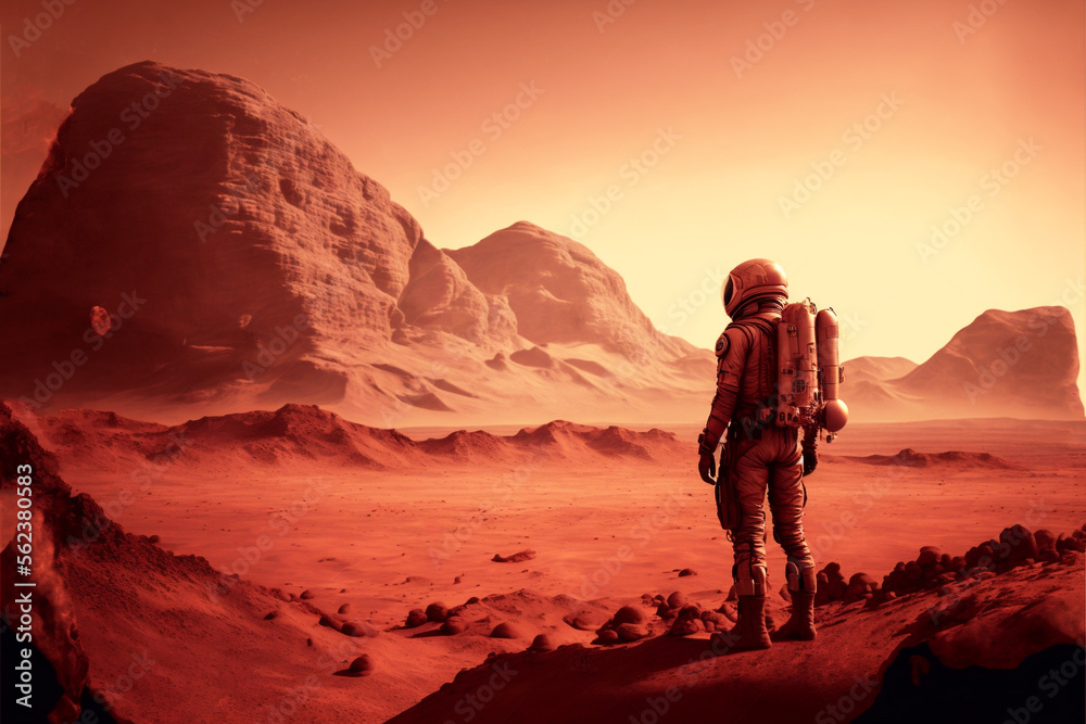 Mars like landscape with a space suited person in foreground looking out at the scene.