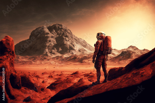 Mars like landscape with a space suited person in foreground looking out at the scene.