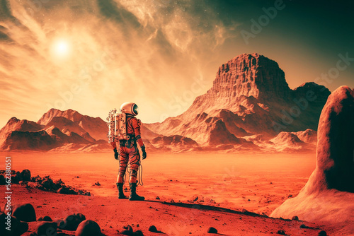 Alien, mars like landscape with a space suited person in foreground looking out at the scene.