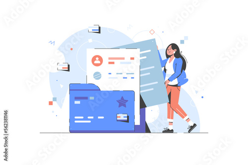 Documentation management vector concept. Schedule. Personal productivity and task management. Business woman holds documents folder, icons set. newsletter.