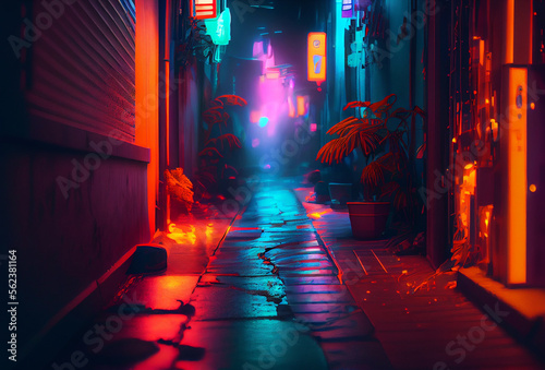 An alley pathway with neon lights