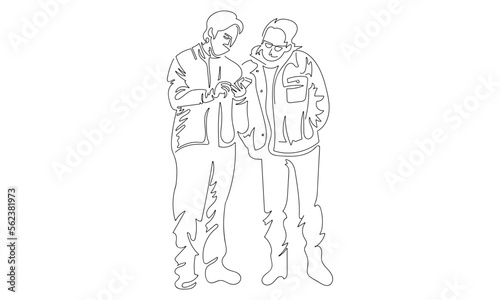 スマホを見る2人の男性のイラスト ラインアート 背景透過 © 政樹 吉井