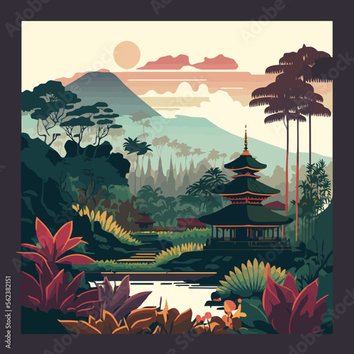 flat drawing illustration scenery of bali culture