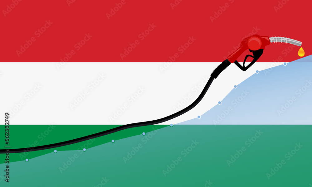 Rise in gasoline prices concept in Hungary. Gasoline fuel pump nozzle