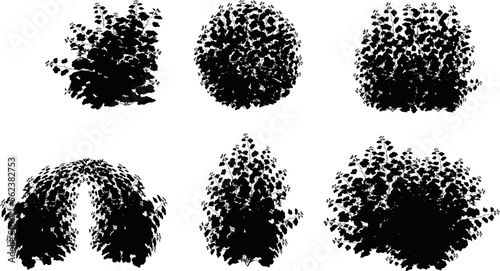 Set of ornamental black plant in the form of a hedge.Realistic garden shrub, seasonal bush, boxwood, tree crown bush foliage.For decorate of a park, a garden or a fence.