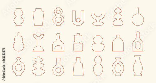 Outline vases set. Abstract linear pottery icons for logo, posters, minimal bowl jar shapes. Vector illustration