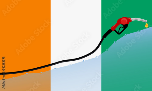 Rise in gasoline prices concept in Ivory Coast. Gasoline fuel pump nozzle with drop oil on Ivory Coast flag background. Growth bar chart prices. vector illustration