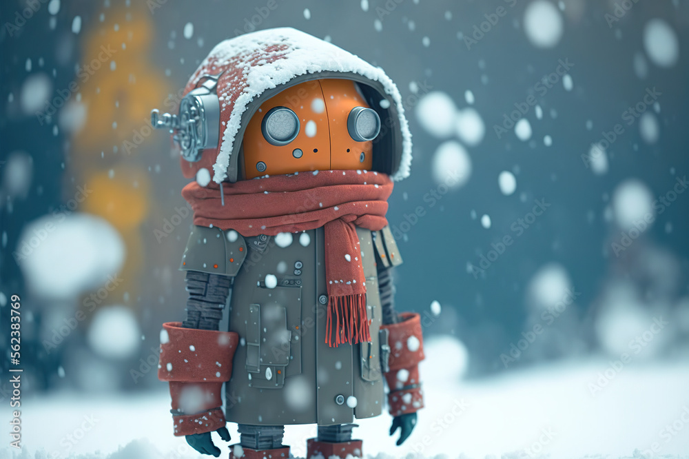 Cute orange toy robot covered in snow, wearing red scarf created with Generative AI technology Cute orange toy robot covered in snow, wearing red scarf created with Generative AI technology