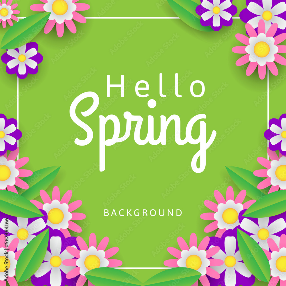 Hello spring background with flowers and leaves illustration on green background. can be used for social media post, banner, poster and greeting card.