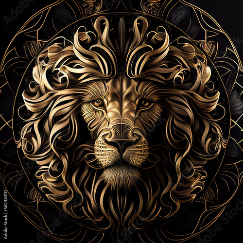 Art of Lion Head in Gold and Black color which is suitable for wallpaper, background, home or office decoration