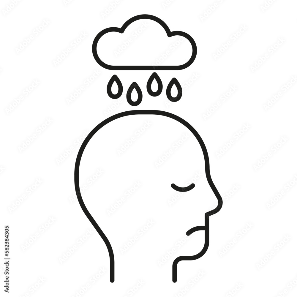 Head profile with cry, bad mental health and mood, line icon. Face with rain cloud. Sadness, despair mind, psychology. Vector Head profile with cry, bad mental health and mood, line icon. Face with rain cloud. Sadness, despair mind, psychology. Vector