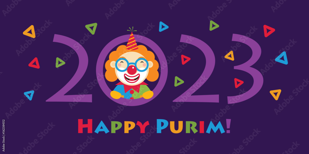Happy Purim - a Jewish holiday. Colorful background with clown and hamantaschen. Vector illustration.