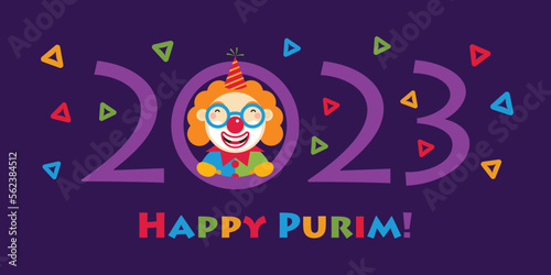 Happy Purim - a Jewish holiday. Colorful background with clown and hamantaschen. Vector illustration.
