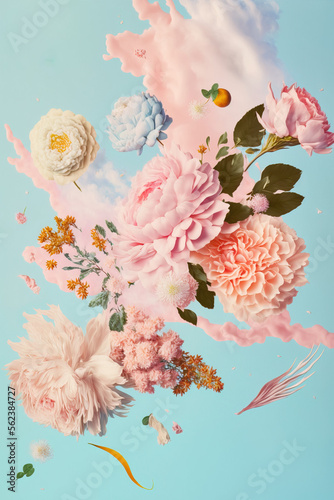 Cloud creative love concept of fresh Spring flowers in the sky background. Love, happy Valentine's Day an exploding bouquet. Pastel blue background. Illustration. Generative AI.