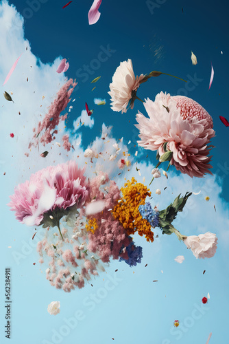 Cloud creative love concept of fresh Spring flowers in the sky background. Love, happy Valentine's Day an exploding bouquet. Pastel blue background. Illustration. Generative AI.