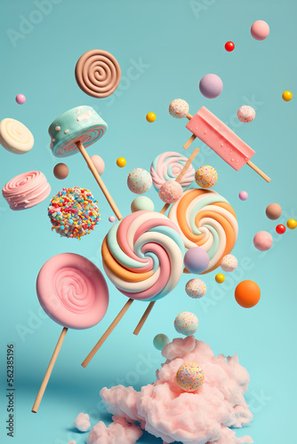 Creative delicious dessert concept of sweet candy and lollipops in the cloud sky background. Explosion of taste in pastel colors. Pastel blue background. Illustration. Generative AI.