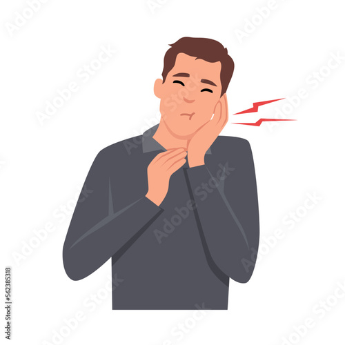 Young man with Toothache. Caries. Severe pain in the teeth. Flat vector illustration isolated on white background