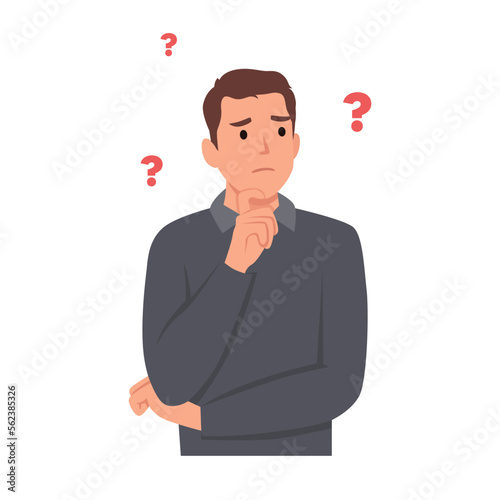 Young man cartoon character Confused thinking about problem solution hand on chin. Unhappy man in puzzled expression . Flat vector illustration isolated on white background