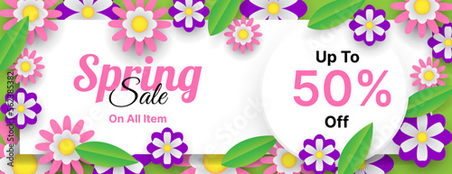 spring sale banner with flowers and leaves. seasonal business promotion background design. vector illustration