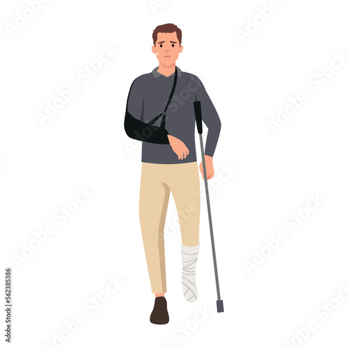 Young Sad man with a broken arm and leg in a cast with a crutch and a fixing collar around his neck. Fracture limb. Injury. Flat vector illustration isolated on white background