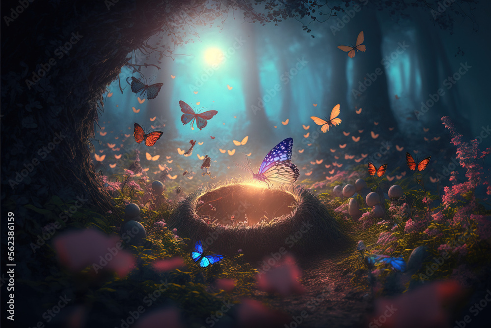 Obraz premium A fairy tale illustrated forest landscape, small hidden oasis full of flowers where colorful butterflies live. The sun rays passing through the branches of tall tree. Illustration. Generative AI.