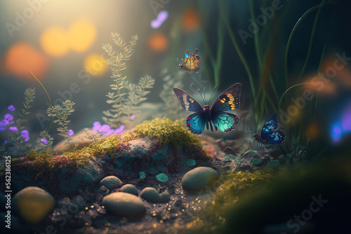 A fairy tale illustrated forest landscape, small hidden oasis full of flowers where colorful butterflies live. The sun rays passing through the branches of tall tree. Illustration. Generative AI.