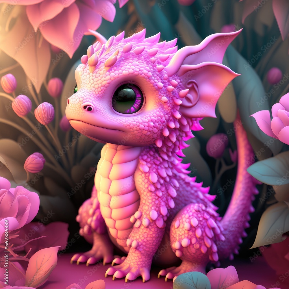 Cute baby dragon with light magenta scales waiting for a friend. Pink flowers background. Children friendly. Generative ai.