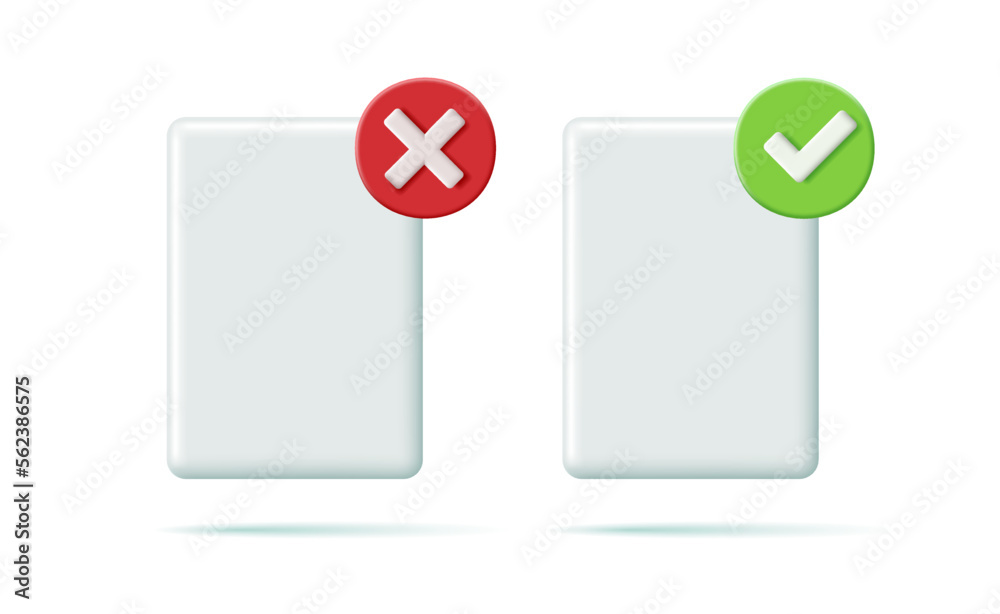 Document accepted and rejected, tick, cross. 3D Icons on a sheet of paper right wrong. Document accepted and rejected, tick, cross. 3D Icons on a sheet of paper right wrong.