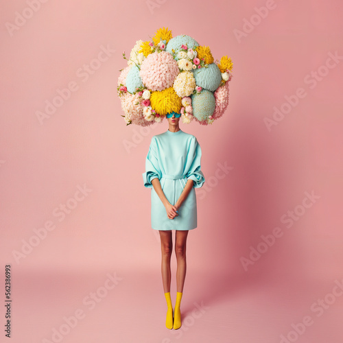 Abstract retro portrait of a woman who instead of a face has a huge bouquet of fresh flowers that she get from her man. Vintage illustration. Generative AI.