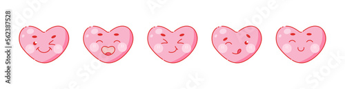 Cute heart shaped icons. Cuties with funny anime faces for Valentine's Day decoration. Pink vector emoji set.