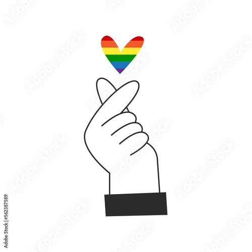 Hand makes rainbow heart shape korean symbol. Happy pride, lgbt Valentines day, love, diversity and inclusion concept. Vector flat illustration.