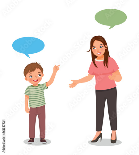 Young woman talking to cute little boy having conversation with speech bubbles
