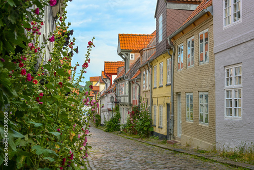 Narrow cobblestone alley with small historic residential houses and planted flowers on the facades in the old town of Flensburg, Germany, tourist destination