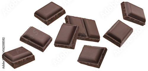 Dark chocolate pieces isolated on white background
