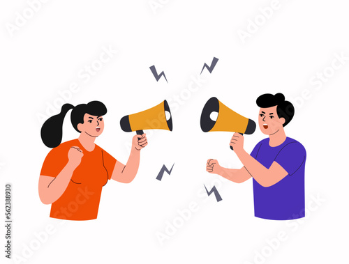 Man and woman screaming through megaphone. Vector flat cartoon illustration