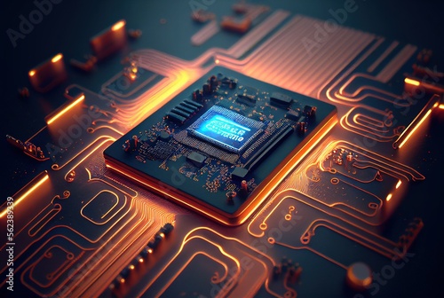Electronic circuit board with processor. Generative AI